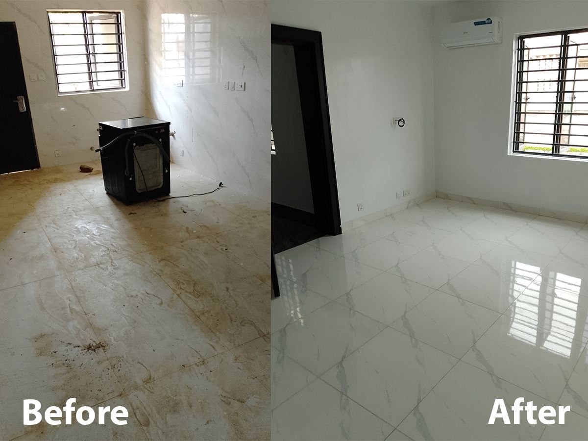 Deep clean — dirty floor to spotless tile — Sterling Cleaning, Abuja